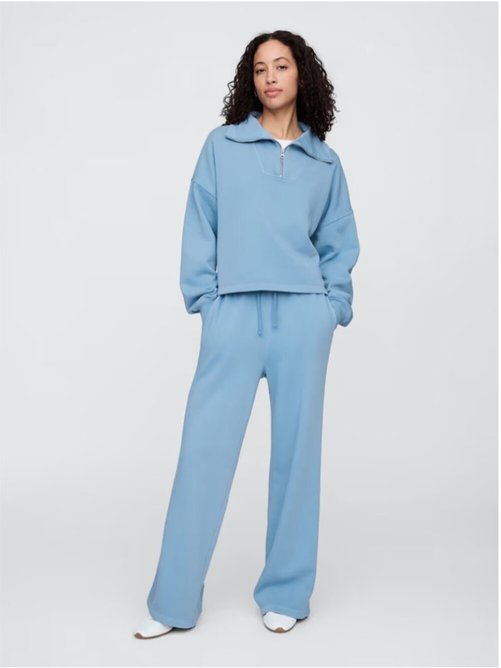 Matching Set! Fleece Rib-Seam Wide-Leg Pants & Relaxed Quarter-Zip Sweatshirt
